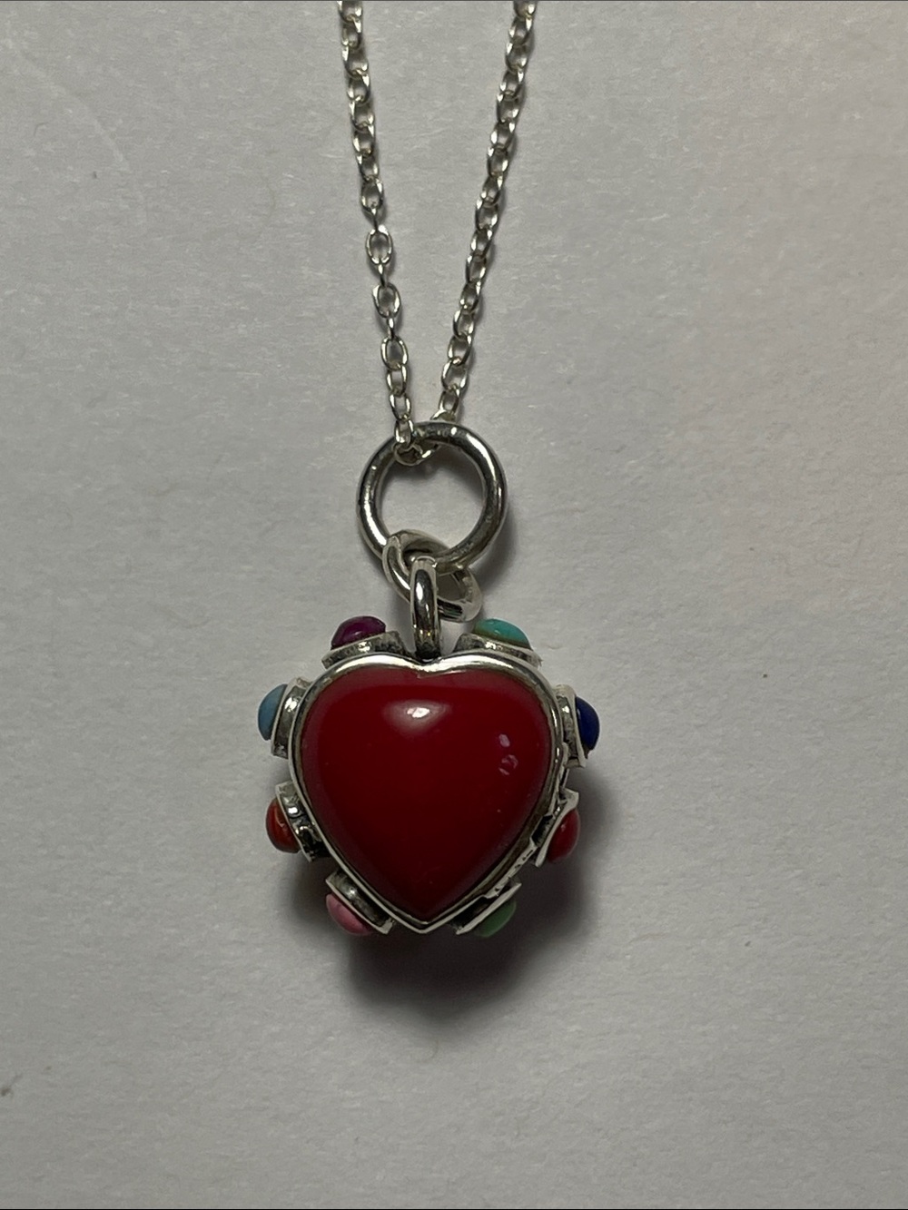 Sterling Silver Red Heart Pendant Necklace Multicolor Gemstone Reversible